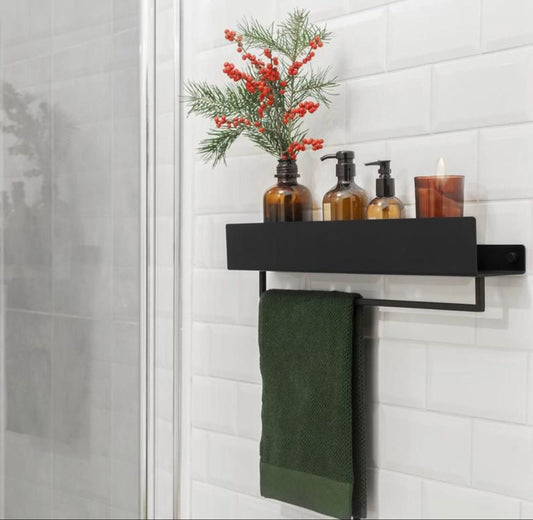 Modern Wall-Mounted Bathroom Shelf, Matte Black Metal, Towel Bar and Storage Shelf