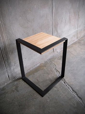 Modern Industrial Side Table, Natural Wood Top with Black Steel Frame, 50 cm Height