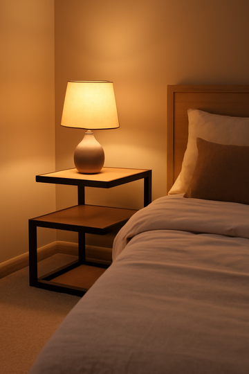 S-Shaped Bedside Table, Modern Wooden and Metal Nightstand with 2 Shelves, Black Frame