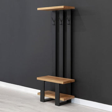 Modern Entryway Coat Rack with Bench, Black metal Frame with Solid Wood Shelves, Wall-Mounted Storage Unit, 180x80x35 cm