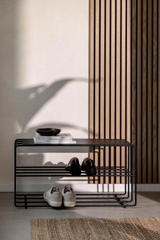 Minimalist Wire Shoe Bench, 3-Tier Storage Rack with Table Top, Black Metal Frame