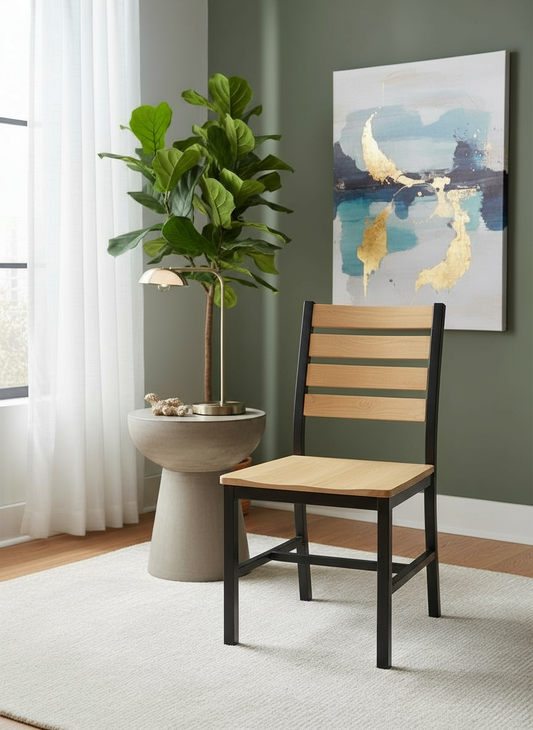 Industrial Metal Chair, Walnut Wood Back and Seat, Black Metal Frame, Restaurant-Style