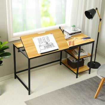 Drawing Desk with Tilt Top, 140 cm Wide, Dual Surface Design, Storage Shelves, Black Metal Frame