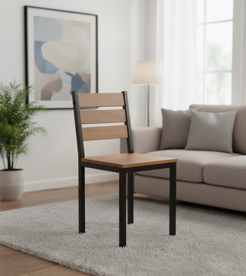 Modern Rustic Slat-Back Dining Chairs - Brown Wood Seat, Black Metal Frame (Set of 3)