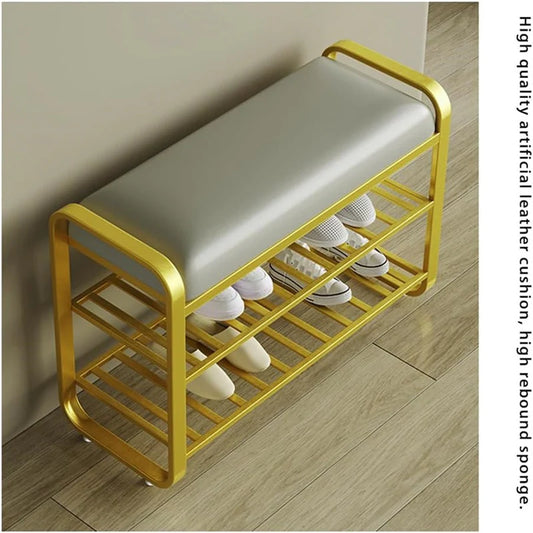 Modern Entryway Shoe Storage Bench with Cushion, Gold Metal Frame, 3-Tier Rack, Grey Padded Seat, 23.6x12.5x20.4 Inches