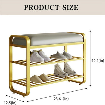 Modern Entryway Shoe Storage Bench with Cushion, Gold Metal Frame, 3-Tier Rack, Grey Padded Seat, 23.6x12.5x20.4 Inches