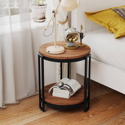 Modern Round Side Table, 2-Tier, Walnut Wood with Black Metal Frame, 45.7 cm