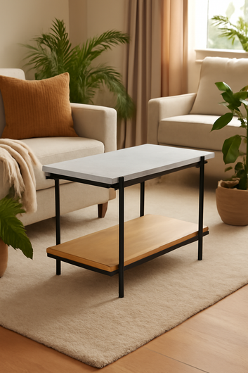 Pierce Modern Side Table with White Marble Top, Black Metal Frame, Wood Storage Shelf