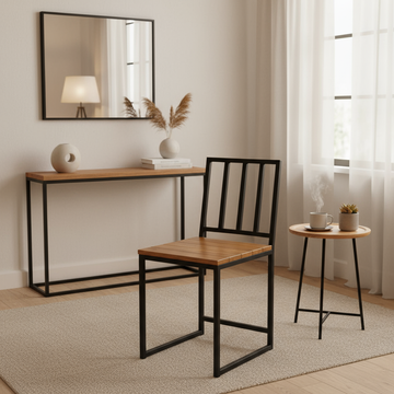 Industrial Dining Chair, Black Metal Frame with Natural Wood Seat, Modern Design for Hotels