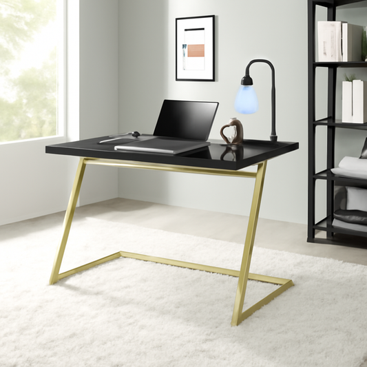 Modern Computer Desk, 120 x 55 cm, Black Tabletop with Gold Z-Frame, 76 cm Height