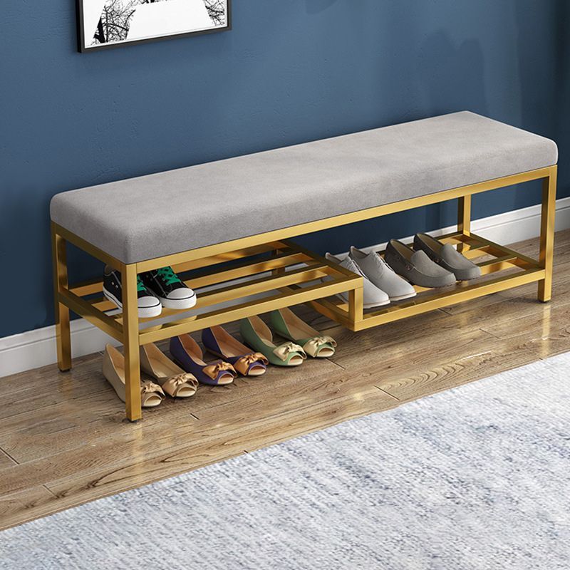 Upholstered Shoe Storage Bench, Grey Padded Seat with Gold Metal Frame, 2-Tier Rack, 100x35x50 cm, Modern Entryway Furniture
