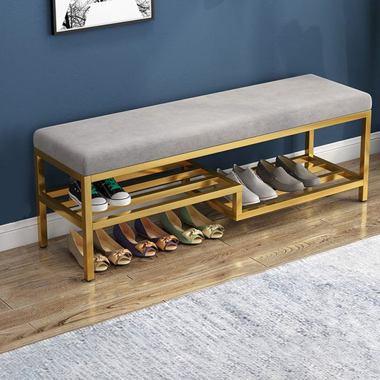Upholstered Shoe Storage Bench, Grey Padded Seat with Gold Metal Frame, 2-Tier Rack, 100x35x50 cm, Modern Entryway Furniture