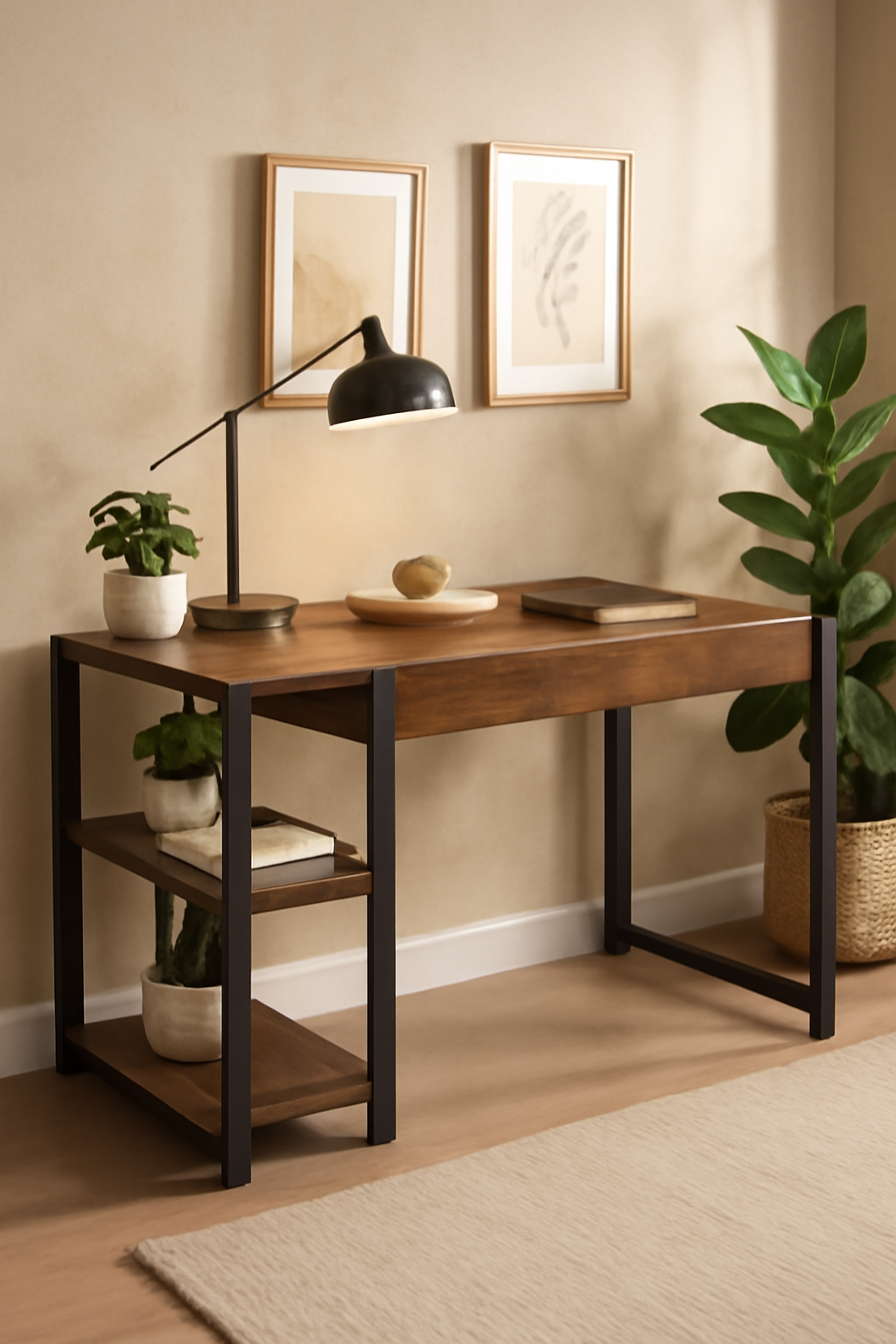 Industrial Computer Desk with Storage Shelves, 119.4 x 61 x 76.2 cm, Rustic Wood and Black Metal Frame