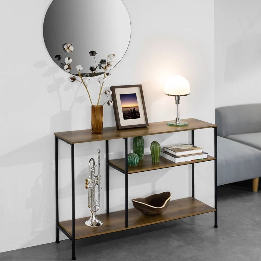 Industrial Console Table, 3-Tier Shelf Unit, 120 cm Wide, Rustic Wood with Black Metal Frame