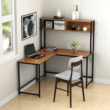 L-Shaped Computer Desk with Storage Shelf, 147x130x70 cm, Industrial Corner Workstation, Wooden Top with Metal Frame