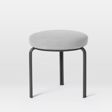 Modern Round Ottoman Stool, Grey Fabric Upholstered Seat with Black Metal Legs, Minimalist Design for Living Room, Bedroom, Office