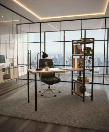 Mead Industrial Desk with 4-Tier Bookshelf, Wooden Top with Black Metal Frame, Home Office Study Table