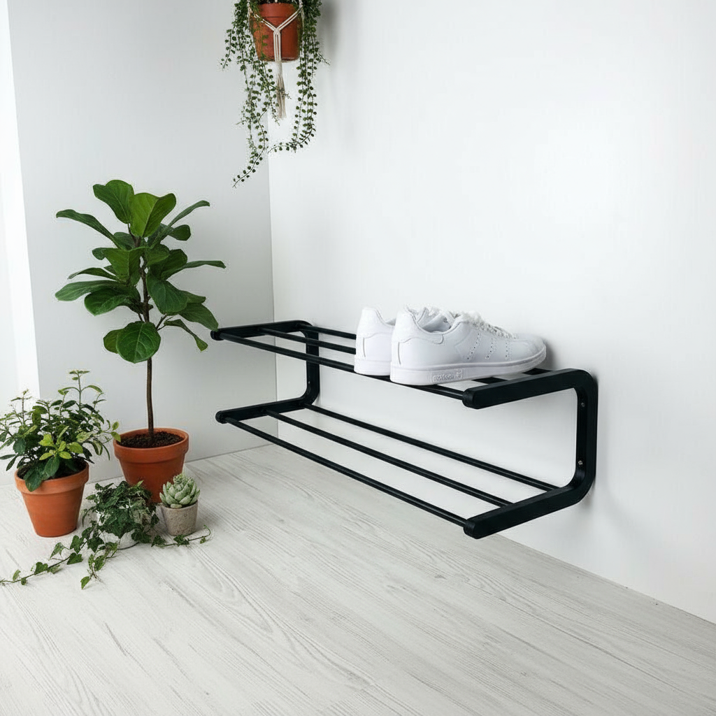 Modern Wall-Mounted Shoe Rack, 2-Tier, Black Steel, Space-Saving Design