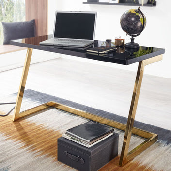 Modern Computer Desk, 120 x 55 cm, Black Tabletop with Gold Z-Frame, 76 cm Height