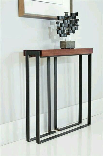 Modern Industrial Console Table, Solid Wood Top with Black Metal Base, 90x20x80 cm, Minimalist Entryway Sofa Table