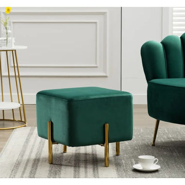 Modern Ottoman, Emerald Green Velvet, 42x42x42 cm, Gold Metal Legs, Cubic Design, Plush Cushioned Footrest Seat