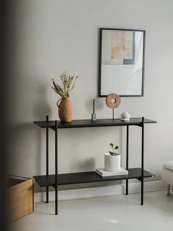 Modern Console Table, 2-Tier Black Metal Frame with Wood Shelves, Minimalist Design