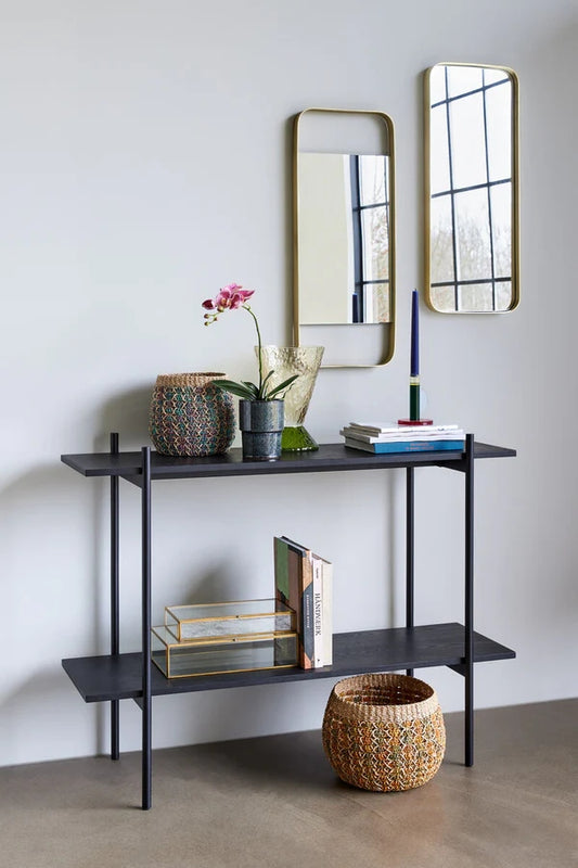 Modern Console Table, 2-Tier Black Metal Frame with Wood Shelves, Minimalist Design